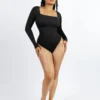 Body femme sans coutures à col carré et manches longues